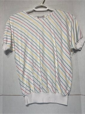 Vintage 80s j.s. fashion White Short Sleeve Rainbow Stripe Ringer T-shirt